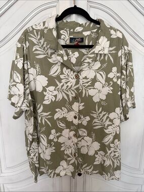 Vintage La Cabana Men’s 3X Hawaiian Shirt Sage Green Floral Collard Vacation